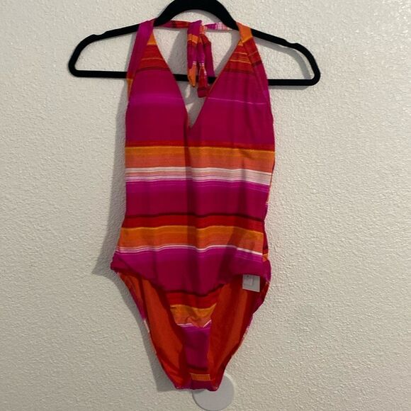 NWT- TRINA TURK-Solstice Stripe (pink/orange/red) Plunge Swimsuit-Size 10 - Picture 4 of 12